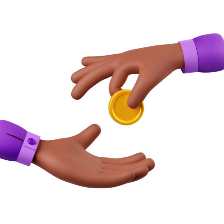 3D African American hand giving golden coin 3D African American hands giving and taking golden coin isolated on white background. Illustration of character making charity donation, paying for service giving tips, receiving payment in cash
